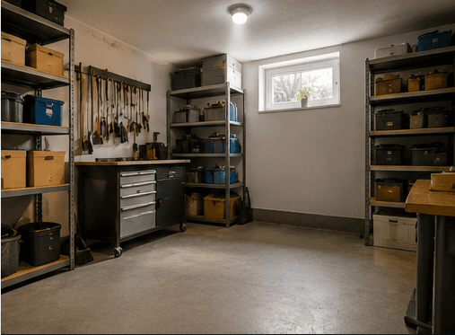 Ordentlicher Keller und Garage mit Regalen und Kartons in Heilbronn